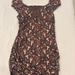ROMWE Brown Dress with Mushroom Pattern
